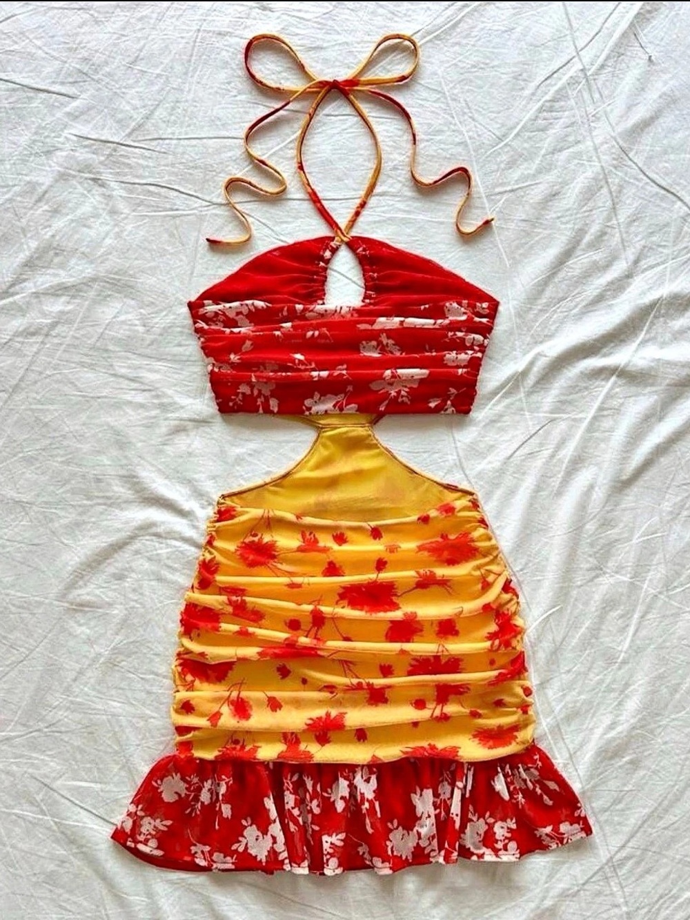 Yellow Base Red Floral Print Chiffon Halter Tie Ruched Flare Mini Dress - Picture 3 of 6